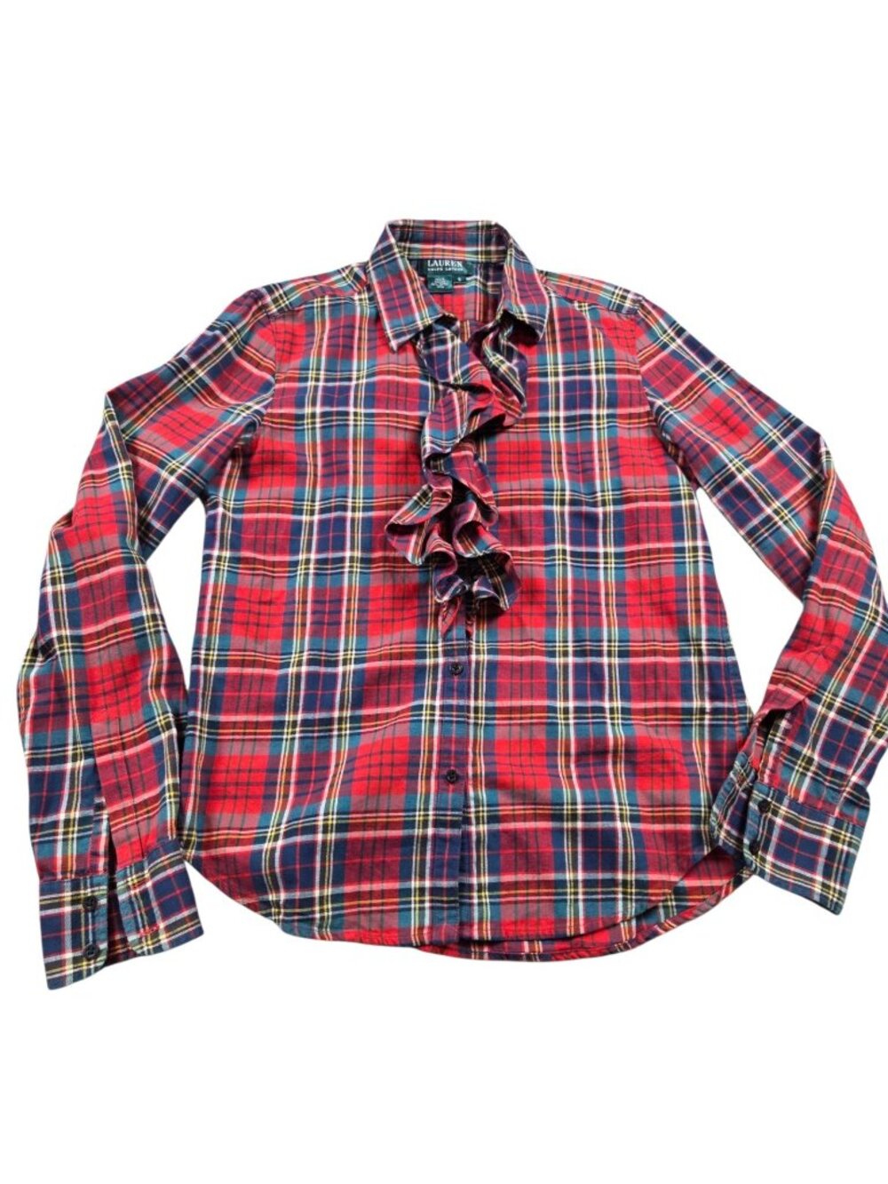 Lauren Ralph Lauren Petite Small Long Sleeve Red Plaid Blouse Ruffle Neck